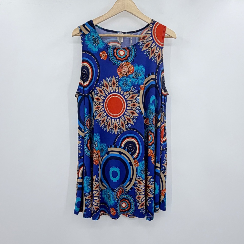 MOA USA Womens Sleeveless Boho Medallion Floral Print Tunic Top Blue Orange XL